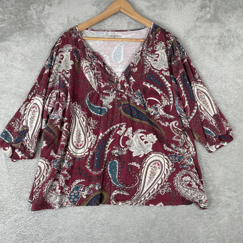 Croft & Barrow‎ Henley Top Womens 2XL Maroon Paisley Roll Tab Sleeve Boho Blouse